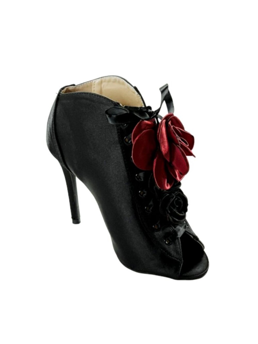 Qupid Ara-382 Women’s Black Floral Peep Toe Stiletto Heel Booties